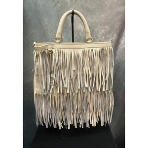 Carla‎ Donelli Cream Fringe Leather Shoulder Bag Satchel Handbag Purse